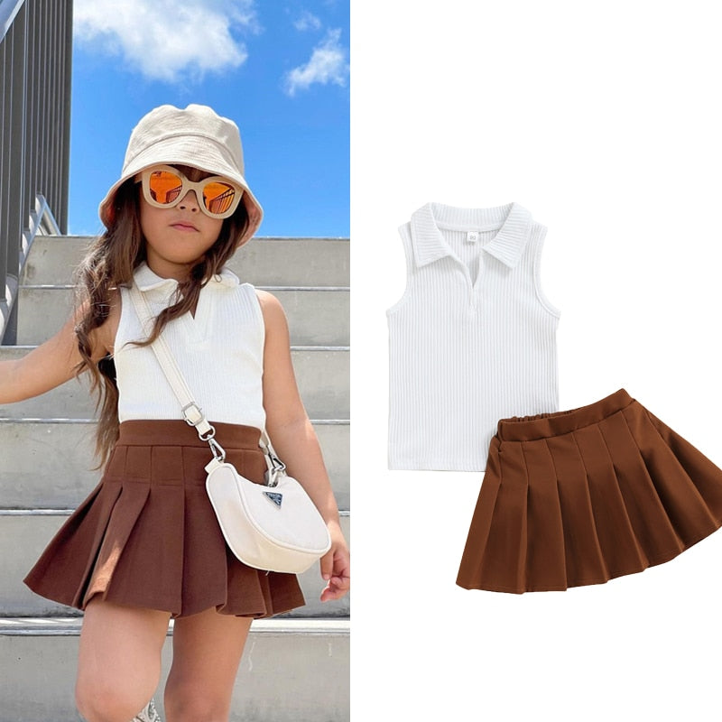 Turn Down Collar Sleeveless Vest Tops+Pleated Skirts