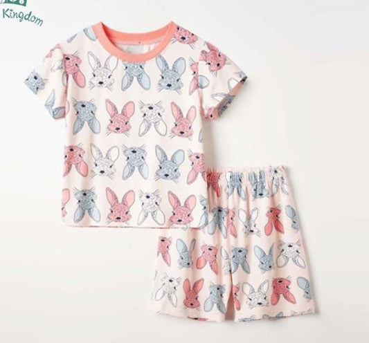 3-9Y  Cartoon Bunny Print Top+Shorts 2Pcs Clothes Soft Sleepwear