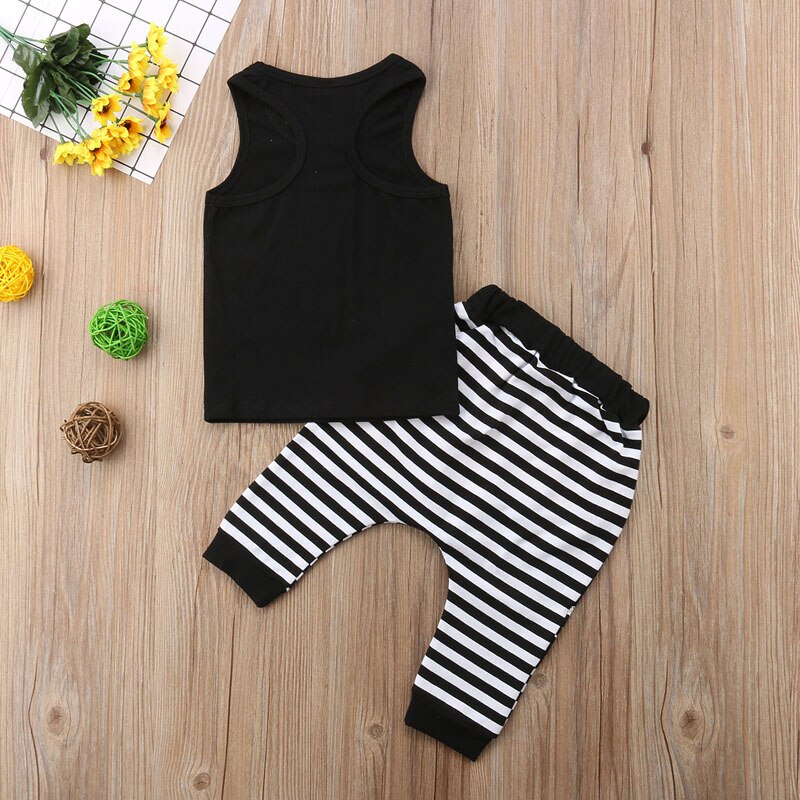 2PCS Sleeveless Letter Black Vest Tops Striped Patchwork Harem Pants