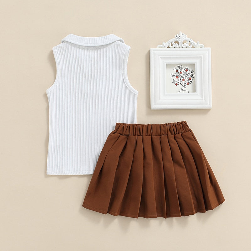 Turn Down Collar Sleeveless Vest Tops+Pleated Skirts