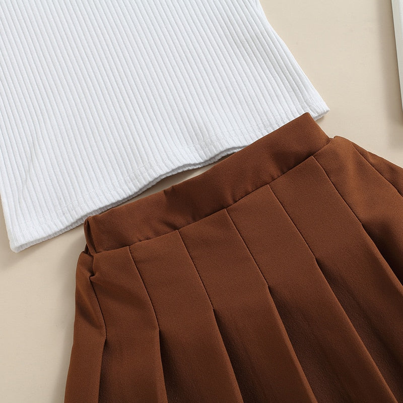 Turn Down Collar Sleeveless Vest Tops+Pleated Skirts