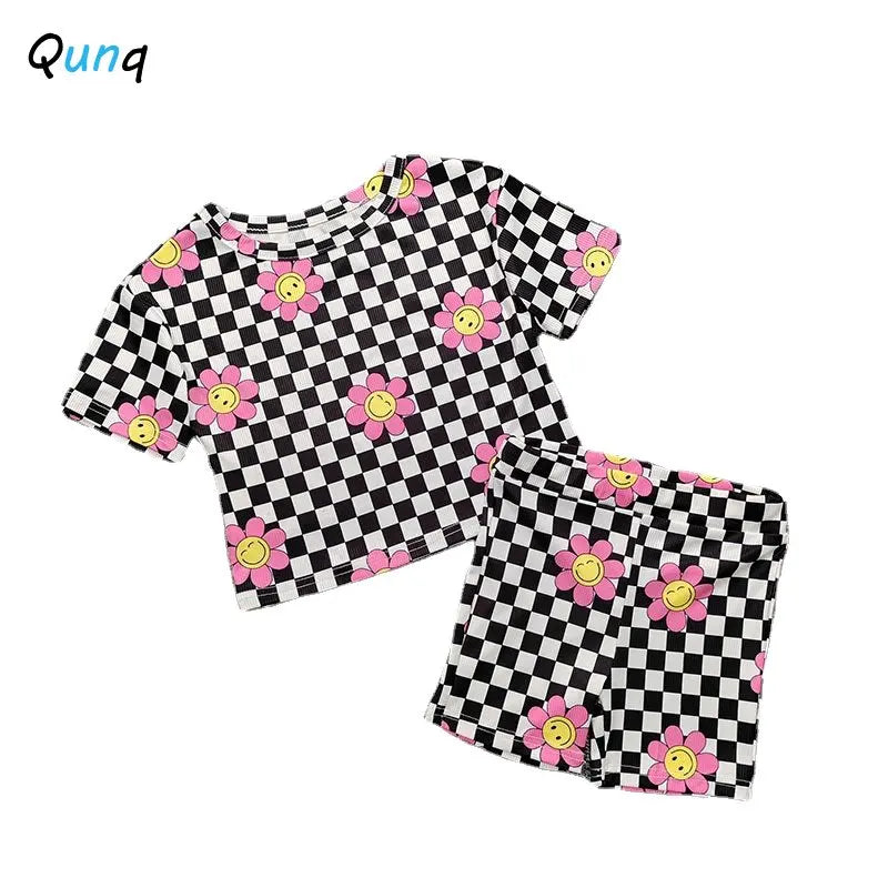 O Neck Plaid Print  Set